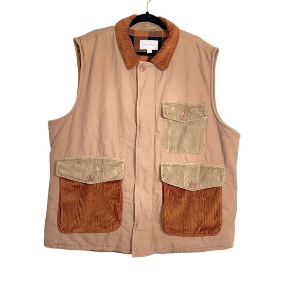 Sun + Stone Brown Tan Corduroy and Khaki Denim Vest Plaid Fleece Lined Men’s XXL - Picture 1 of 4